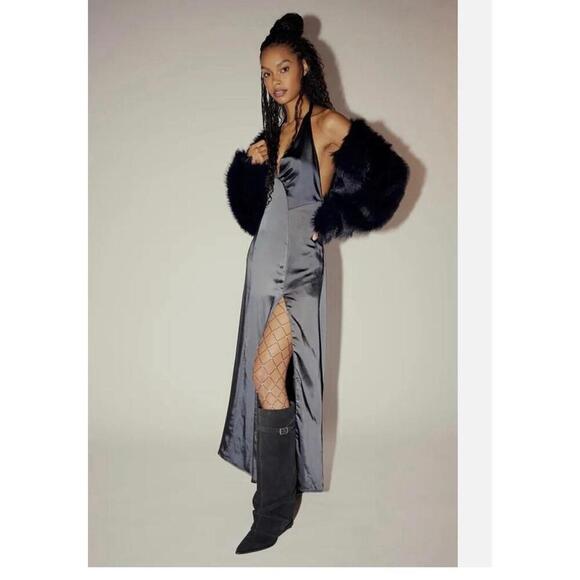 Free People dress large L black satin halter maxi formal dance party minimalist - Picture 1 of 11